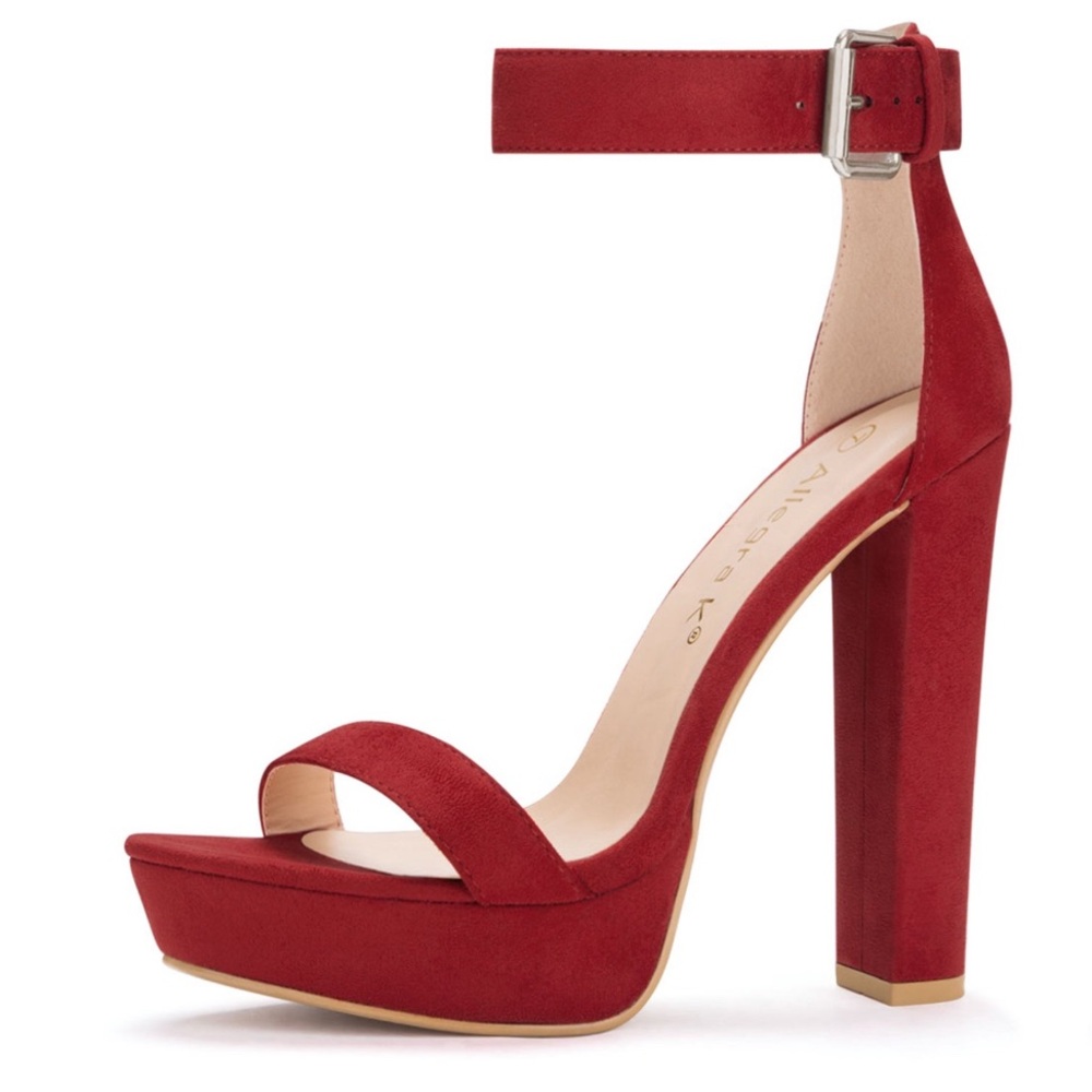 Allegra k platform ankle strap, high block heel faux suede red color